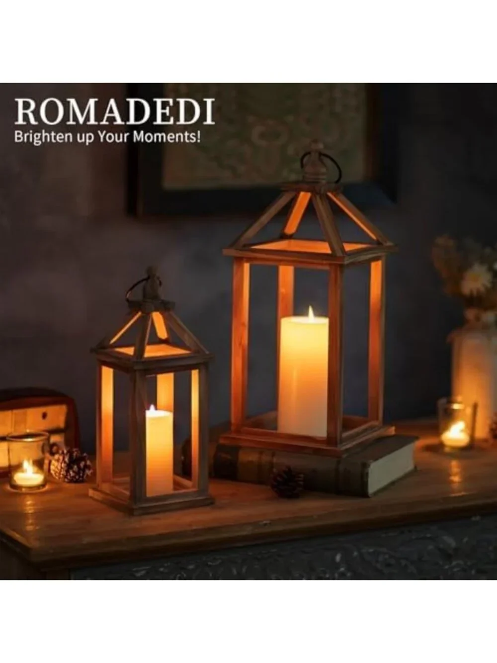 Rustic Wood Candle Lanterns Set of 2 - Decorative Brown Home Decor Accent